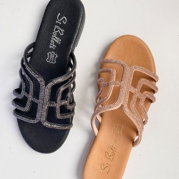 Picture of Old Παντόφλες φλατ με σχέδιο λουράκια από στρας