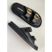 Εικόνα της Δερμάτινη ανατομική παντόφλα με χρυσαφί αγκράφες