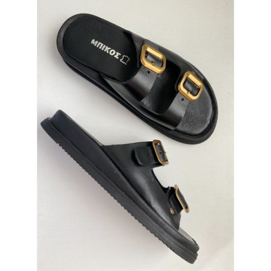 Εικόνα της Δερμάτινη ανατομική παντόφλα με χρυσαφί αγκράφες