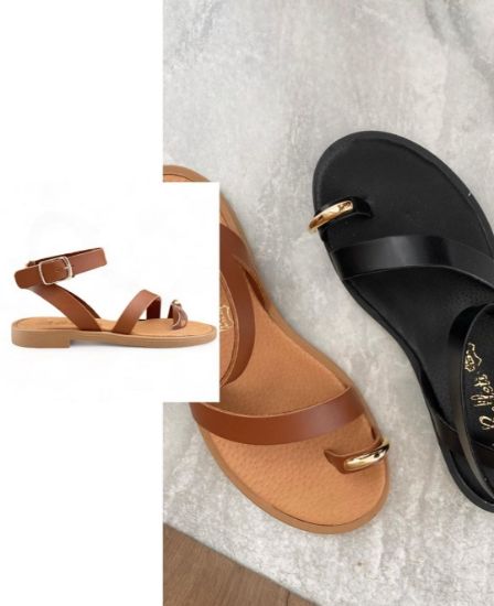 Εικόνα της Old Σανδάλια φλατ με toe ring με χρυσή λεπτομέρεια και δέσιμο στον αστράγαλο 