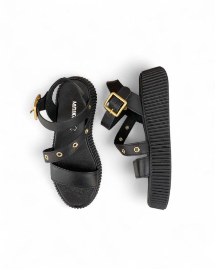 Εικόνα της Δερμάτινα Σανδάλια Δίσολα Flatforms με Λοξό Λουρί και Τρουκς Μαύρο