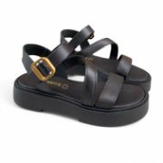 Εικόνα της Δερμάτινα Σανδάλια Δίσολα Flatform με Λοξό Λουρί