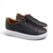 Εικόνα της Ανδρικά Δερμάτινα Sneakers με Λευκή Σόλα Μαύρο