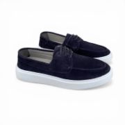 Εικόνα της Ανδρικά Δερμάτινα Loafers Καστόρ με Κορδόνι και Λευκή Σόλα Μπλε