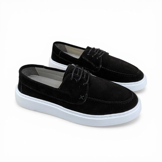 Εικόνα της Ανδρικά Δερμάτινα Loafers Καστόρ με Κορδόνι και Λευκή Σόλα Μαύρο