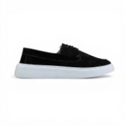 Εικόνα της Ανδρικά Δερμάτινα Loafers Καστόρ με Κορδόνι και Λευκή Σόλα Μαύρο