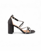 Εικόνα της Πέδιλα με Λεπτά Λουράκια από Στρας και Γκλίτερ και Χοντρό Τακούνι Μαύρο