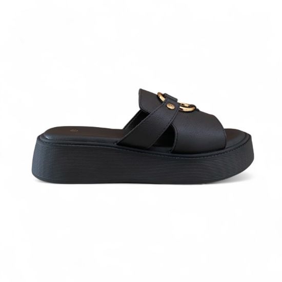 Εικόνα της Παντόφλες Flatform με Φαρδιά Φάσα και Χρυσό Διακοσμητικό Μαύρο